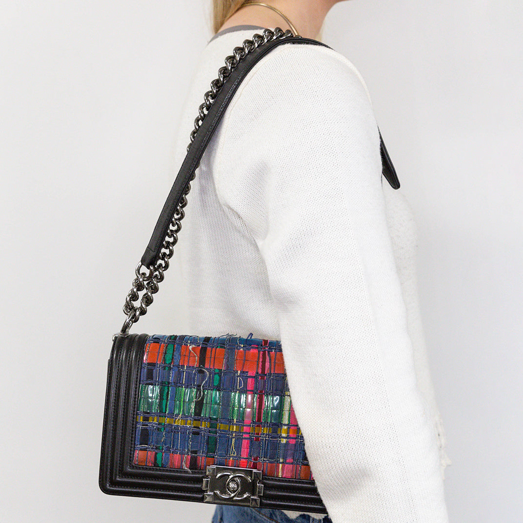 Medium Woven Textile Boy Bag in Multicolour Calfskin Leather