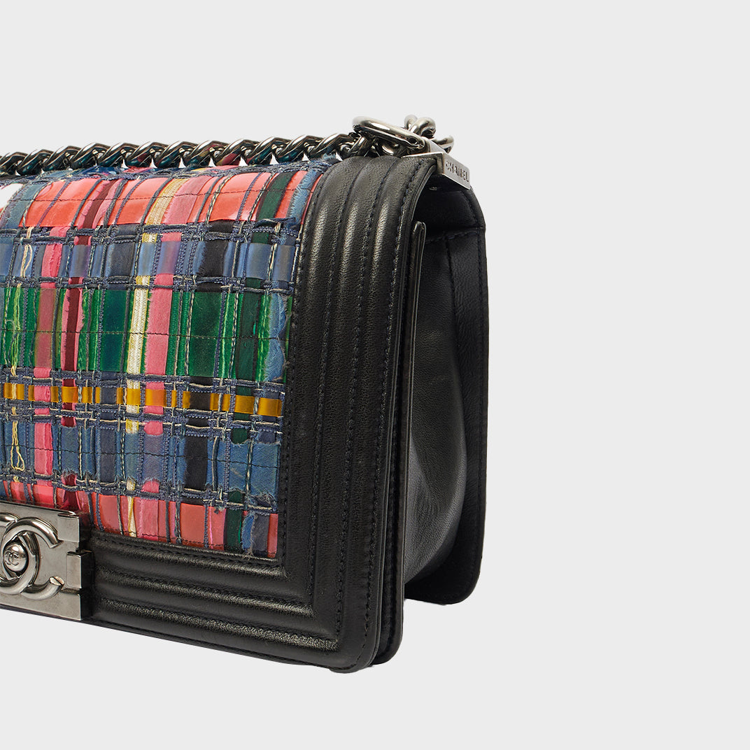 Medium Woven Textile Boy Bag in Multicolour Calfskin Leather