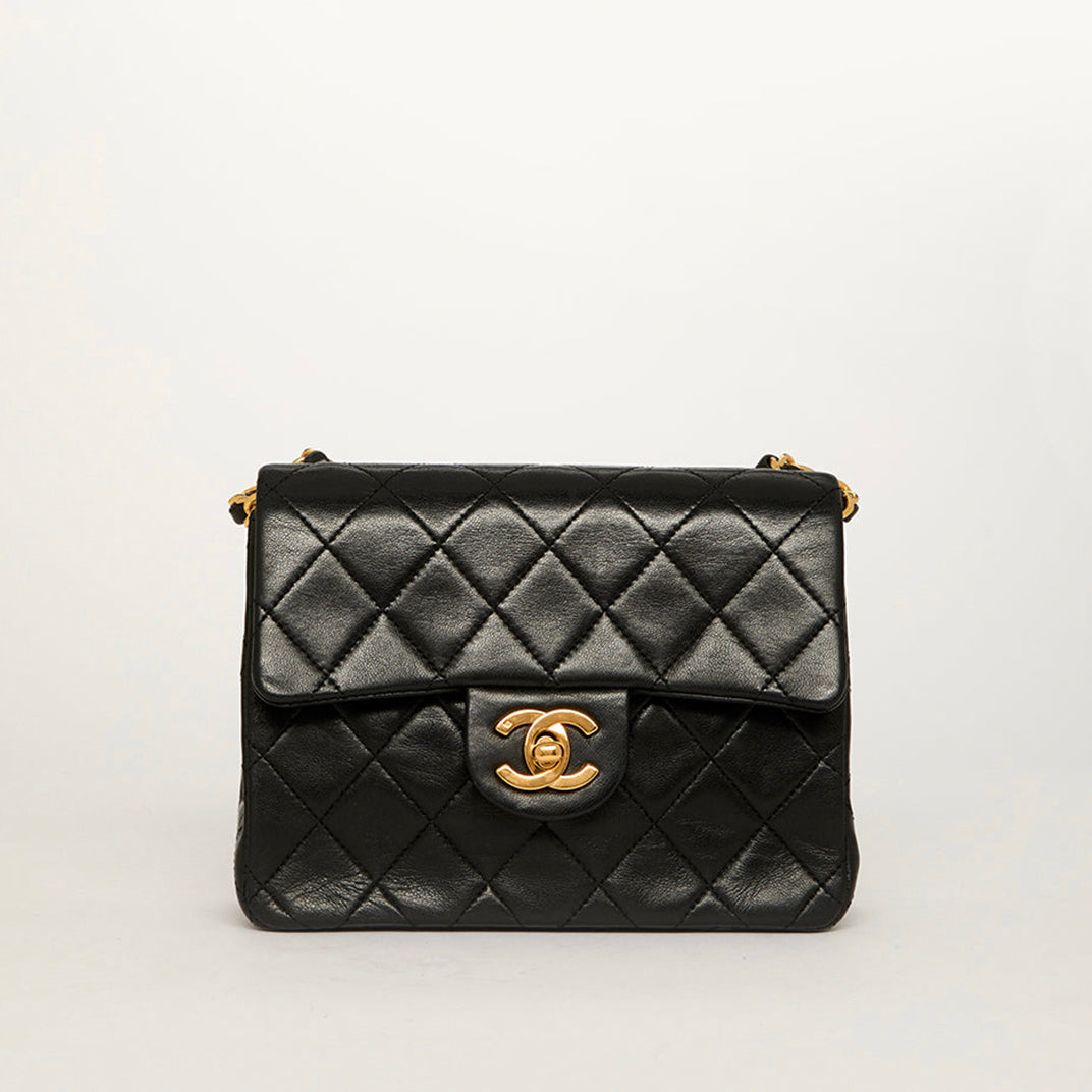 Square Classic Quilted Flap Crossbody Bag in Black Lambskin