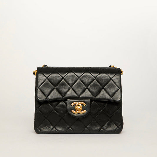 Square Classic Quilted Flap Crossbody Bag in Black Lambskin