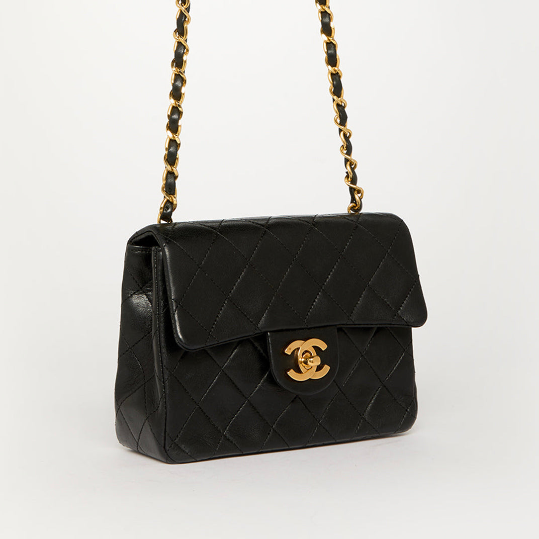 Square Classic Quilted Flap Crossbody Bag in Black Lambskin