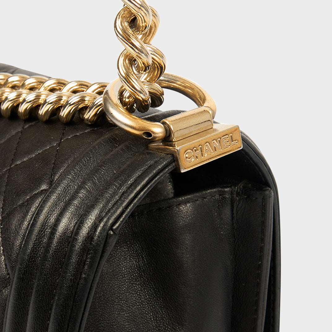 Medium Boy Bag in Black Leather with Gold Hardware