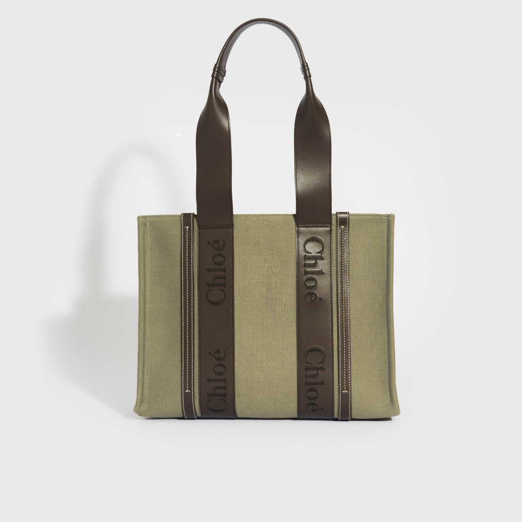 Medium Linen-Canvas Woody Tote Bag in Green [ReSale]