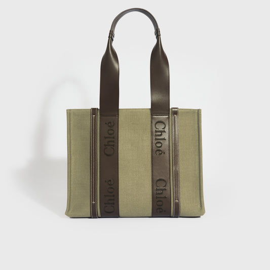 Medium Linen-Canvas Woody Tote Bag in Green [ReSale]