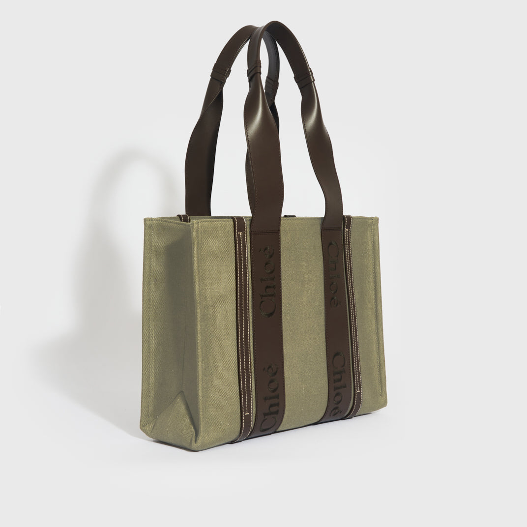 Medium Linen-Canvas Woody Tote Bag in Green [ReSale]