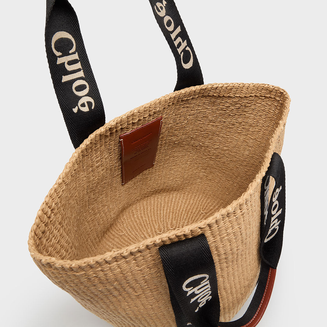 Woody Large Raffia Basket Bag with Black Trim