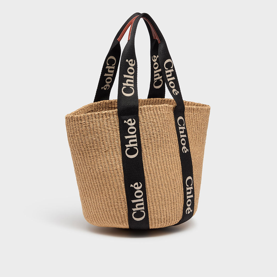 Woody Large Raffia Basket Bag with Black Trim