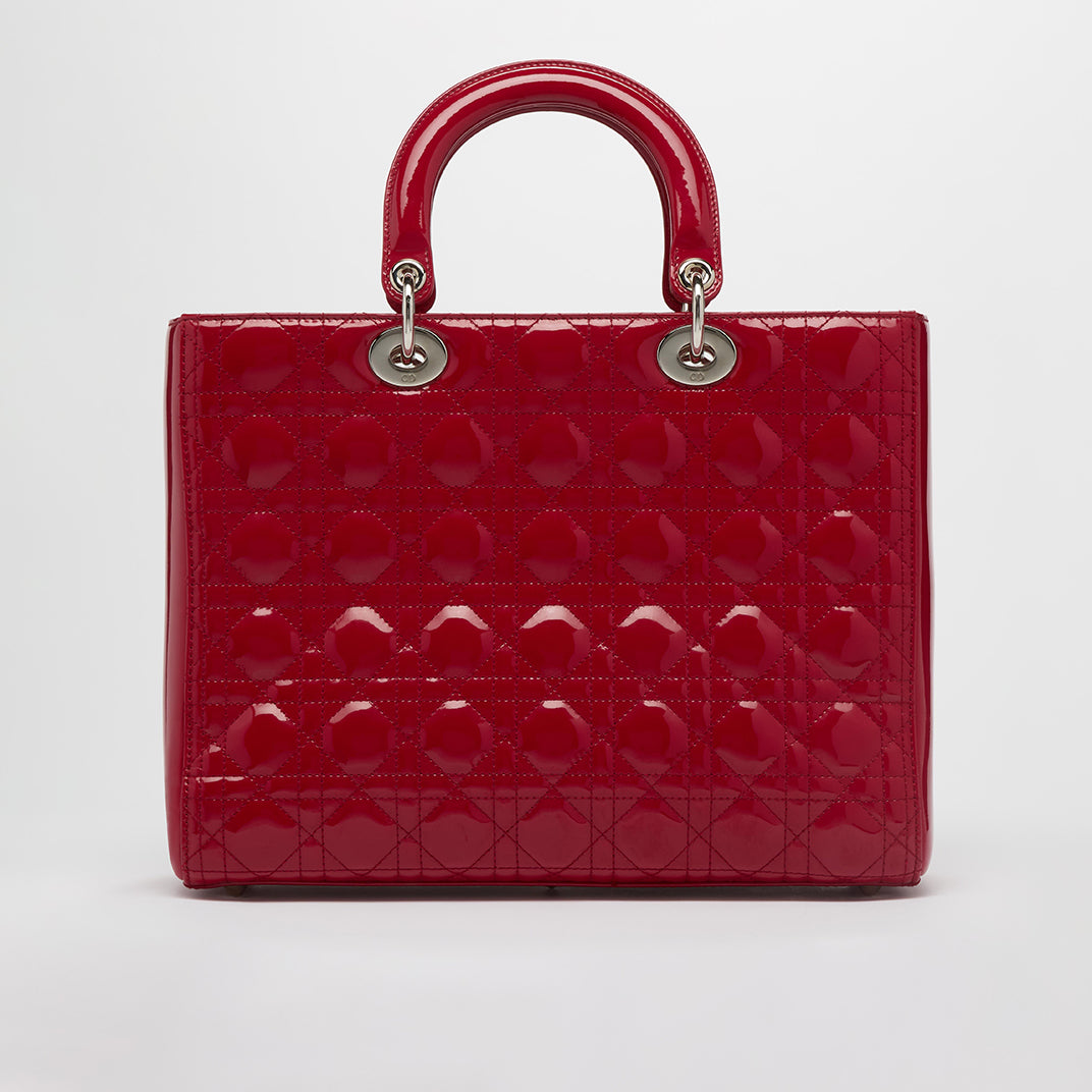 Large Lady Dior in Red Quilted Patent Leather