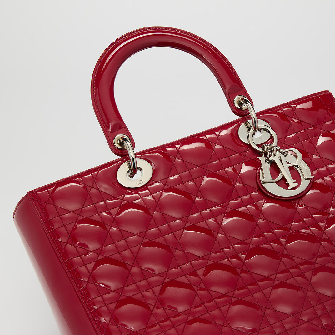 Large Lady Dior in Red Quilted Patent Leather