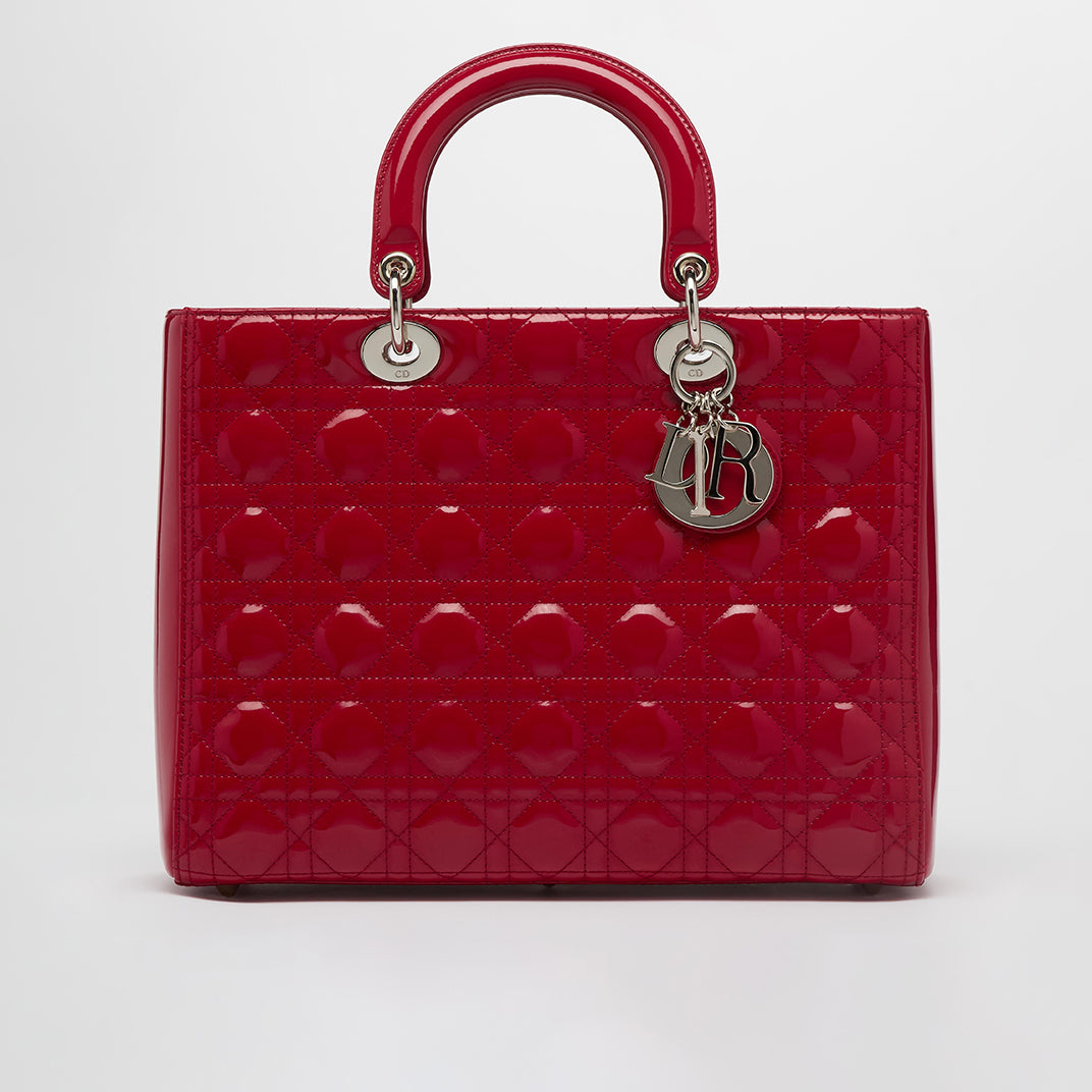 Large Lady Dior in Red Quilted Patent Leather