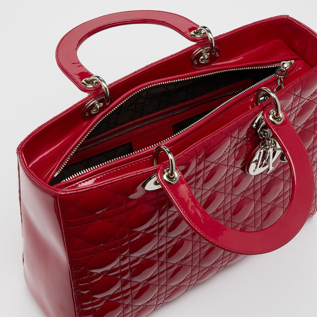 Large Lady Dior in Red Quilted Patent Leather