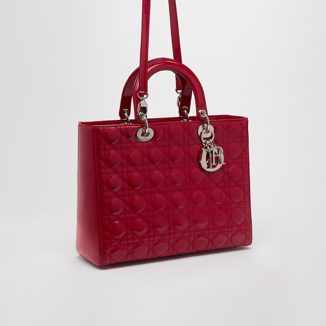 Large Lady Dior in Red Quilted Patent Leather