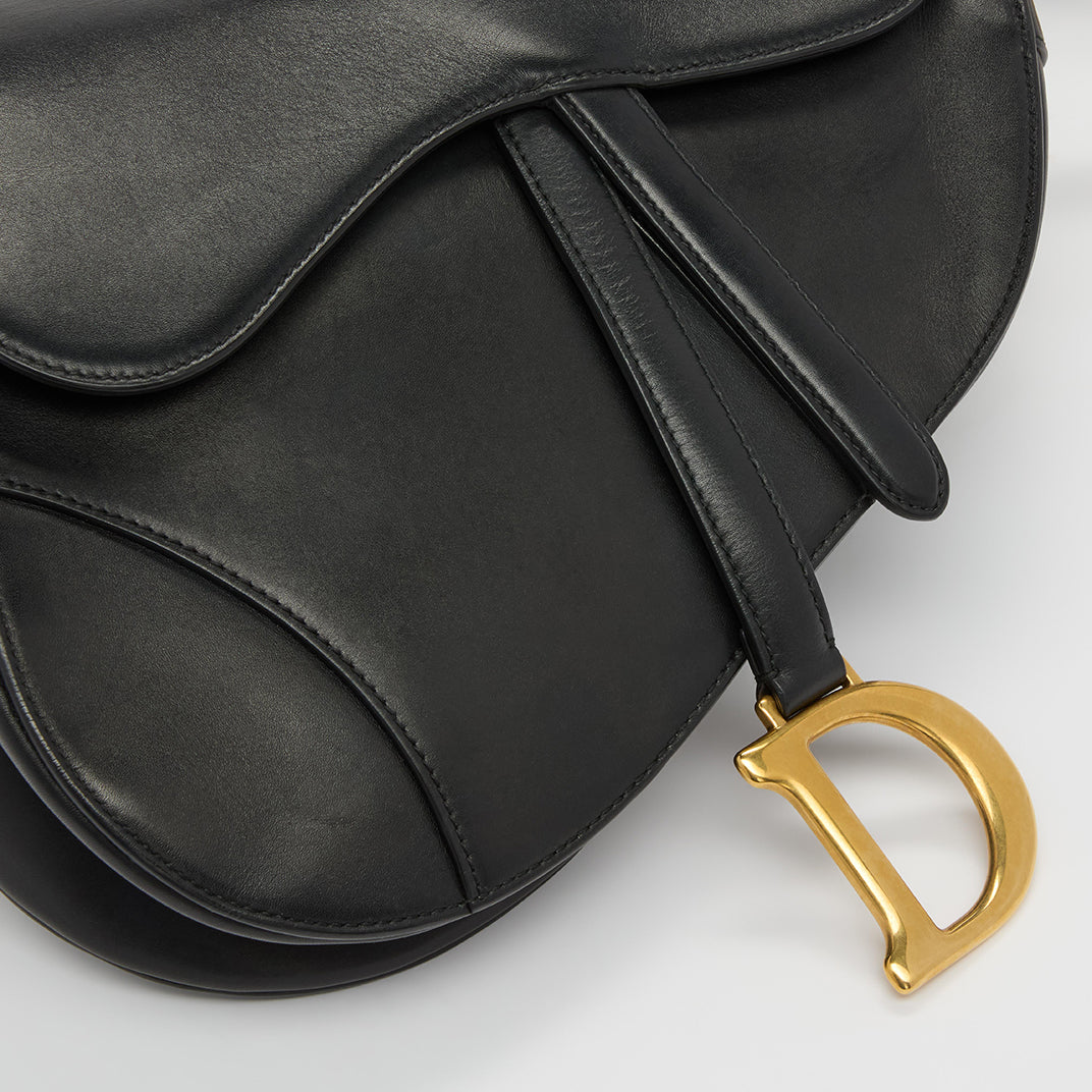 Saddle Bag in Black Calfskin with Gold Hardware