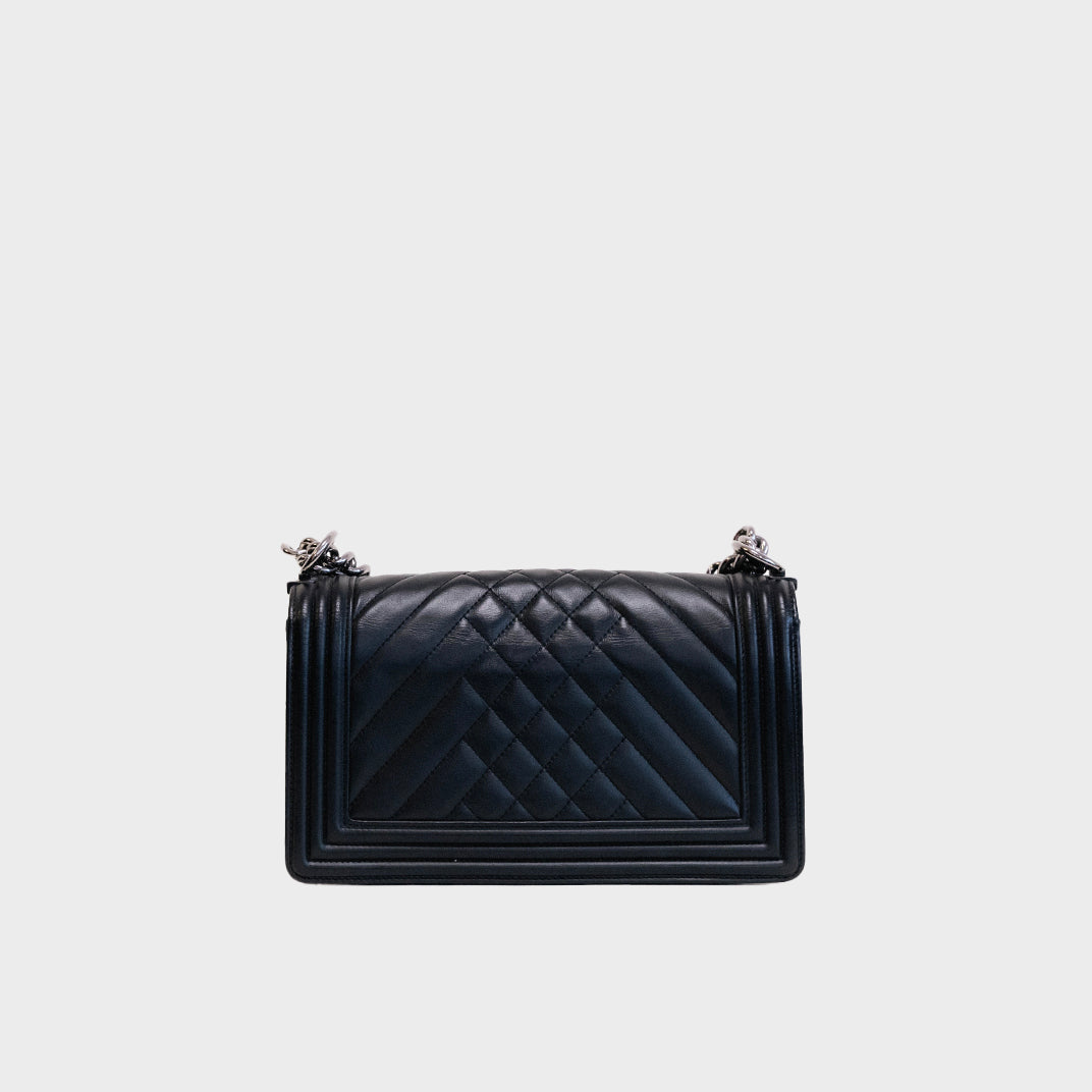 Medium Boy Bag in Black Quilted Leather with Silver Hardware