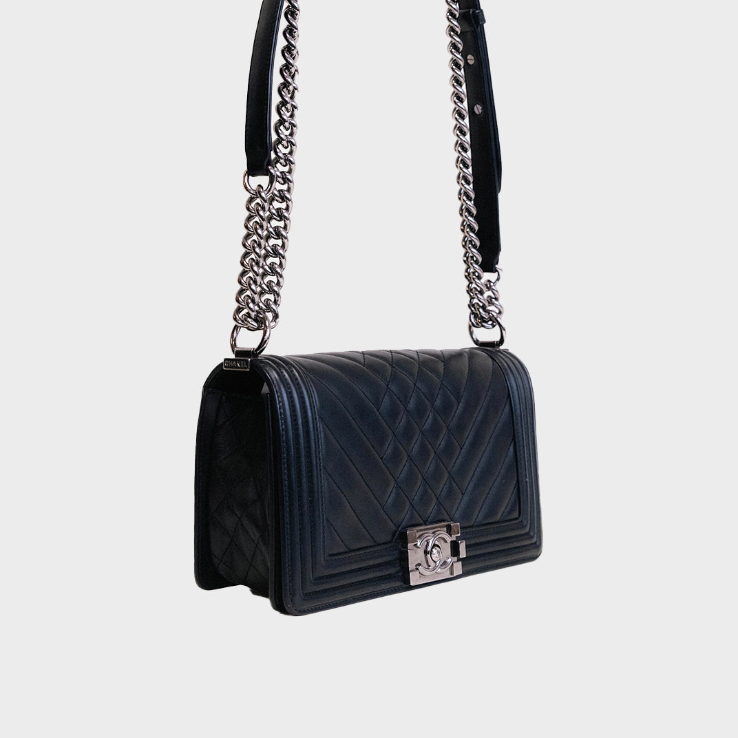 Medium Boy Bag in Black Quilted Leather with Silver Hardware