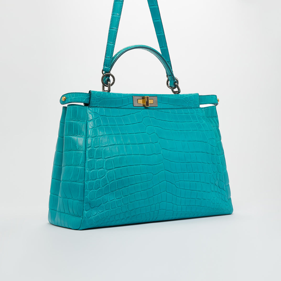 Peekaboo Large Handbag in Teal Blue Exotic Leather