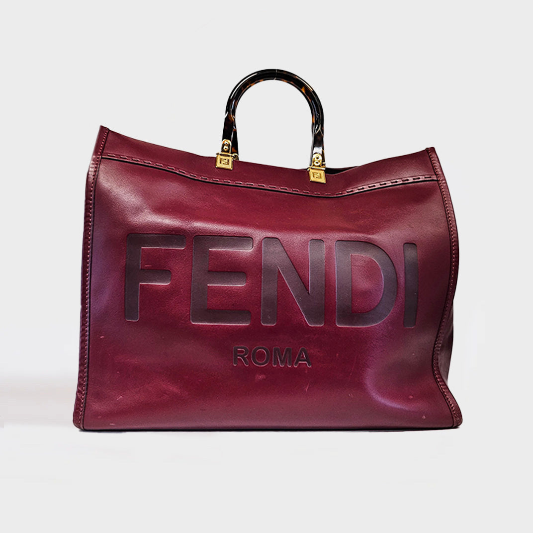 FENDI Sunshine Leather Tote Bag in Burgundy