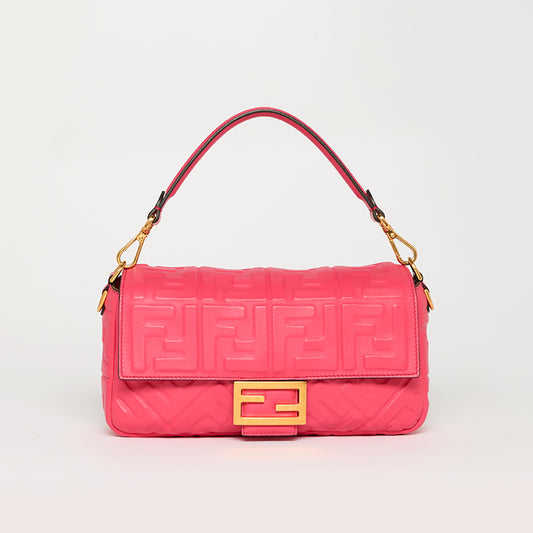 Small Zucca Baguette Bag in Pink Embossed Leather