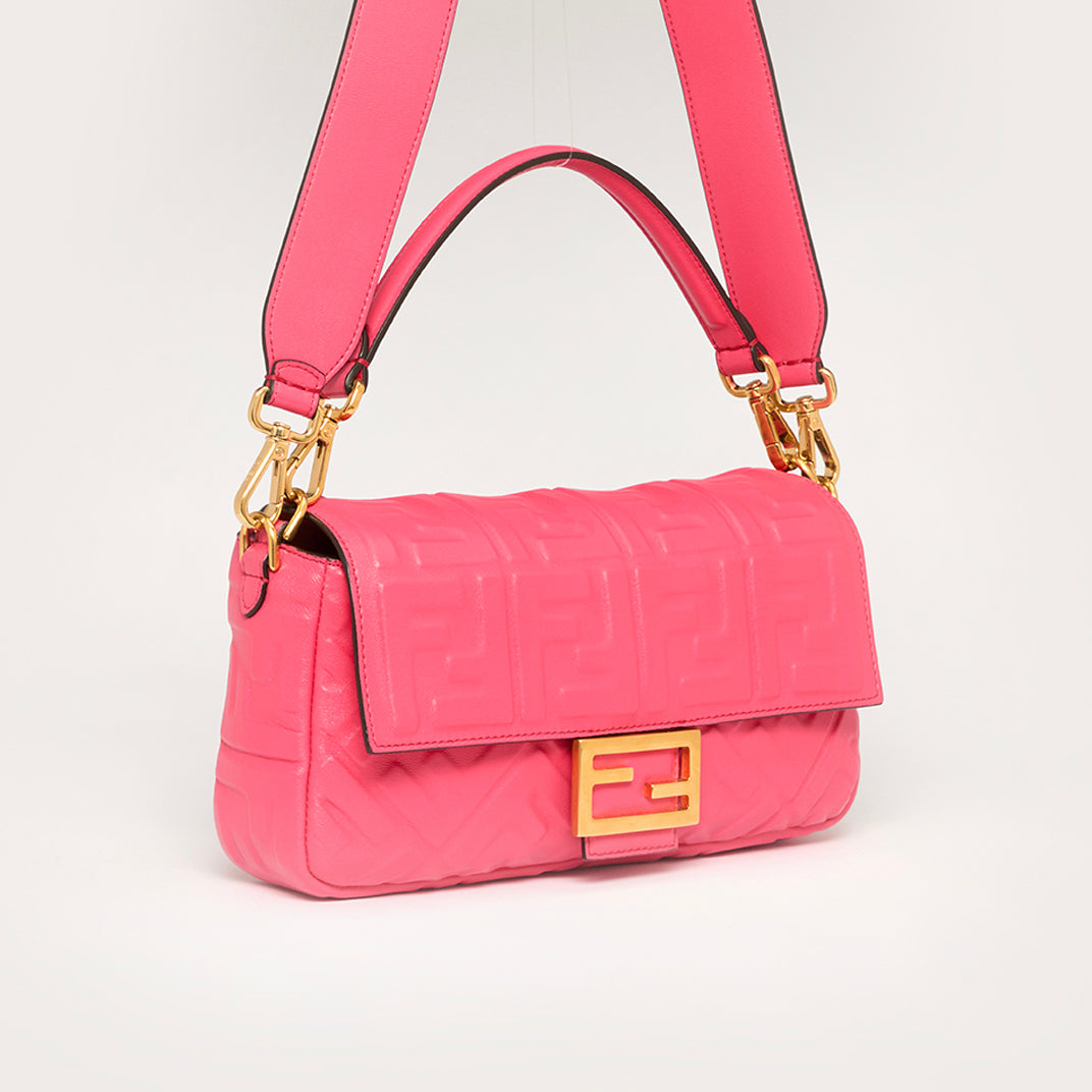 Small Zucca Baguette Bag in Pink Embossed Leather