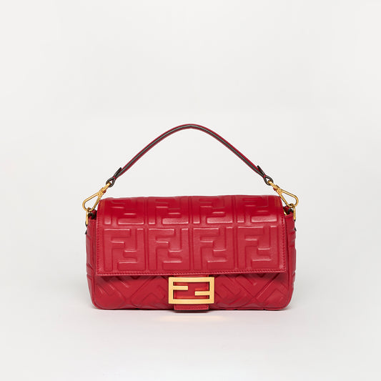 Small Zucca Baguette Bag in Red Embossed Leather