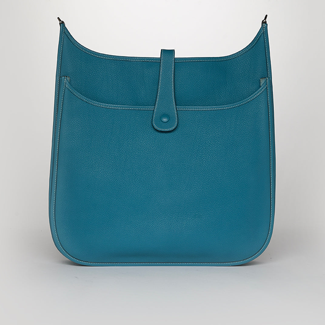 HERMES Evelyne Gen II TGM Bag in Blue Clemence Leather COCOON