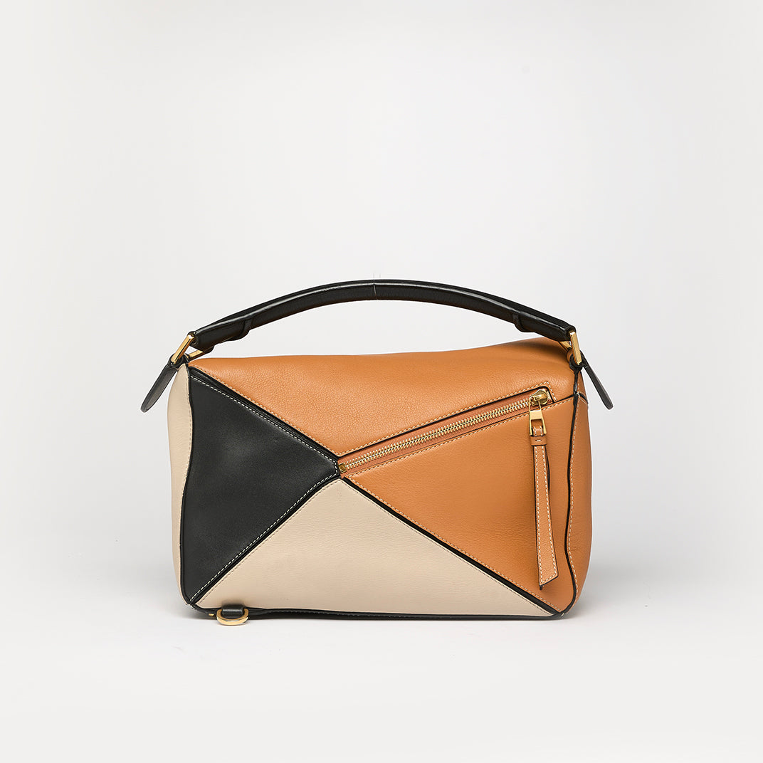 Puzzle Medium Tricolour Leather Bag in Brown and Beige