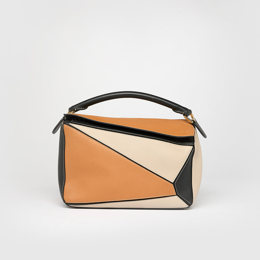 Puzzle Medium Tricolour Leather Bag in Brown and Beige