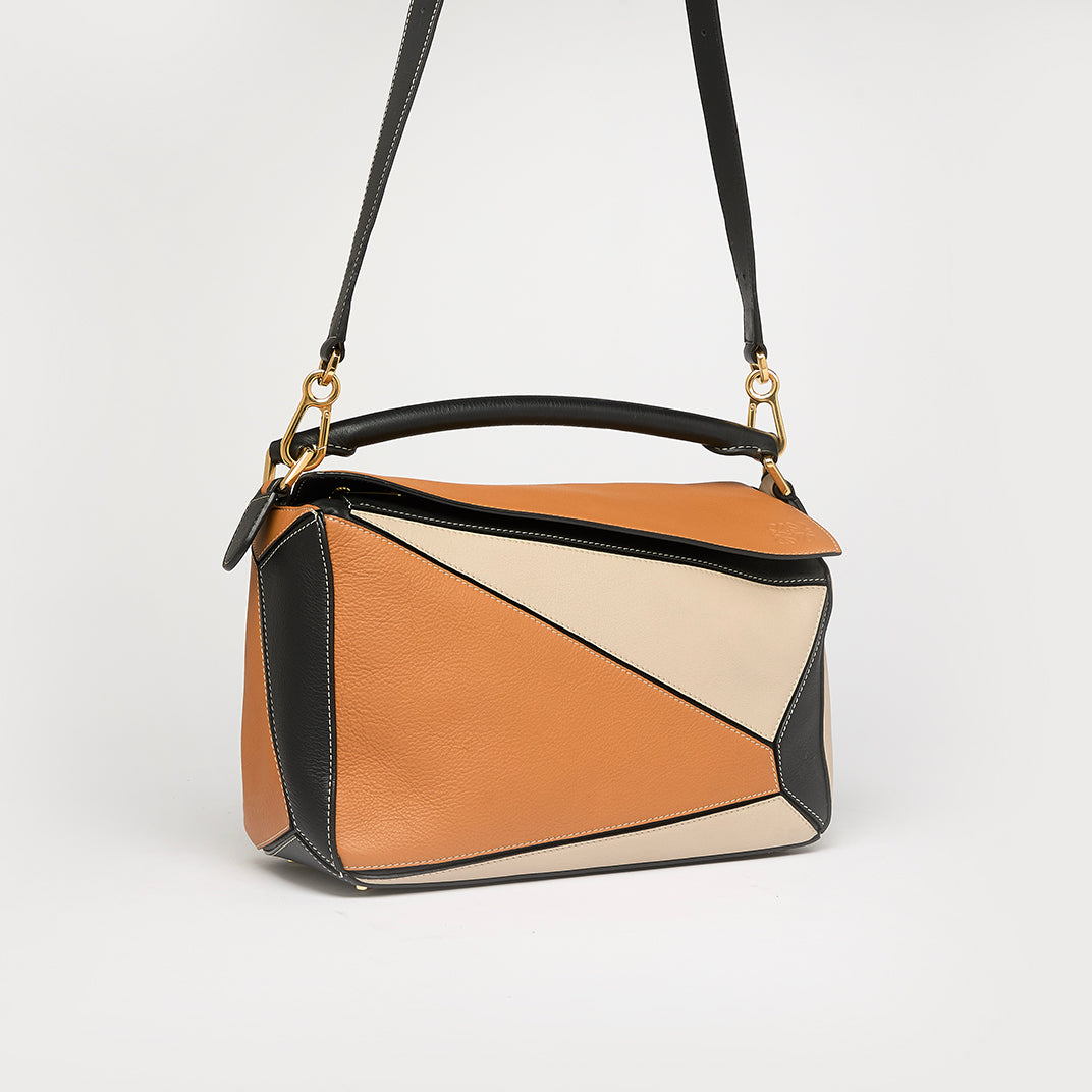 Puzzle Medium Tricolour Leather Bag in Brown and Beige