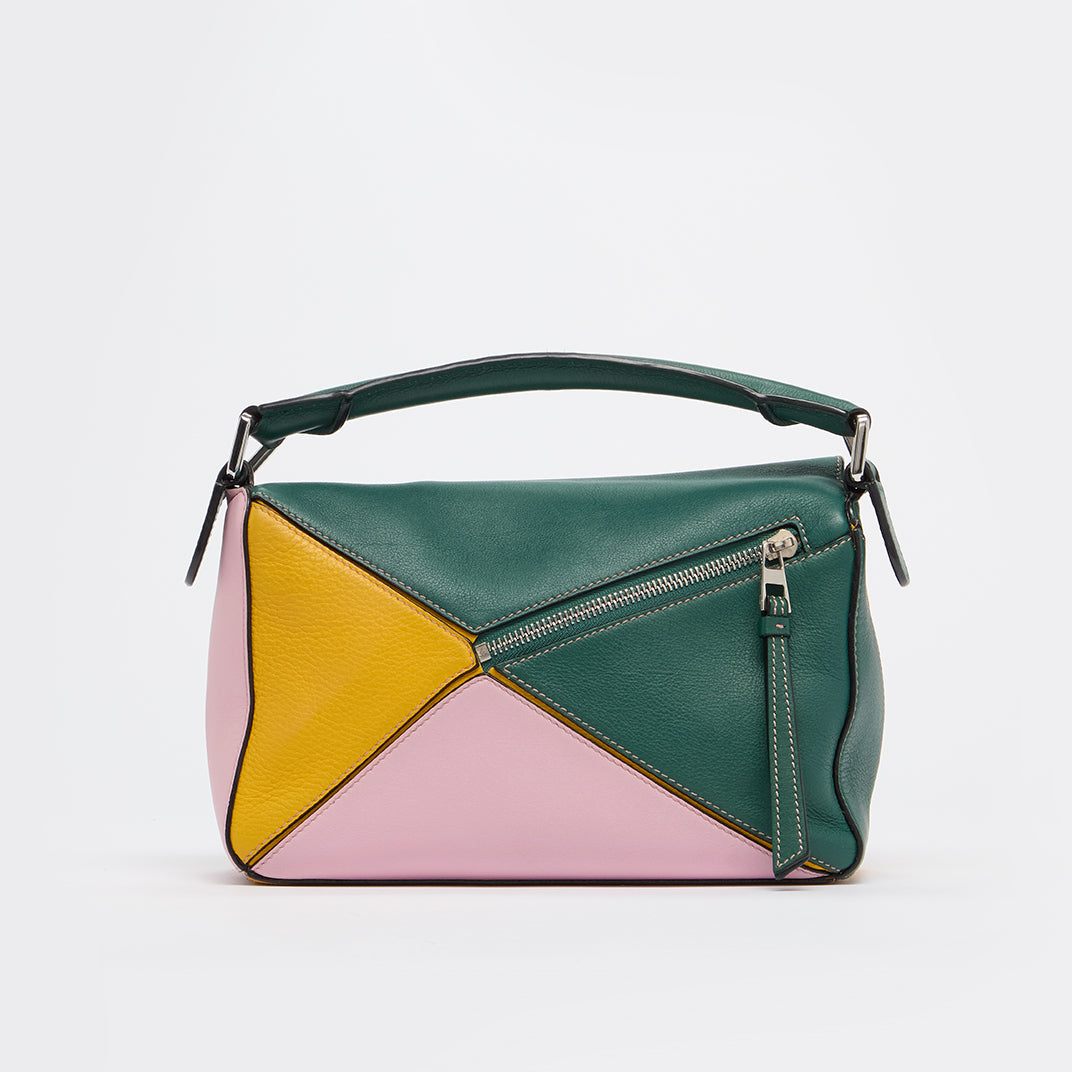 Puzzle Small Tricolor Leather Shoulder Bag in Pink and Green