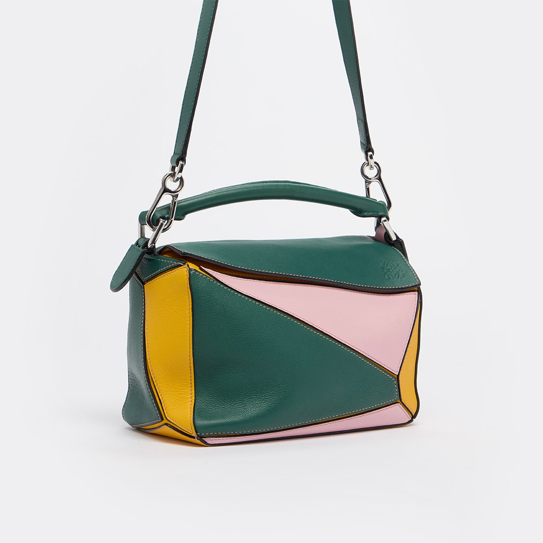Puzzle Small Tricolor Leather Shoulder Bag in Pink and Green