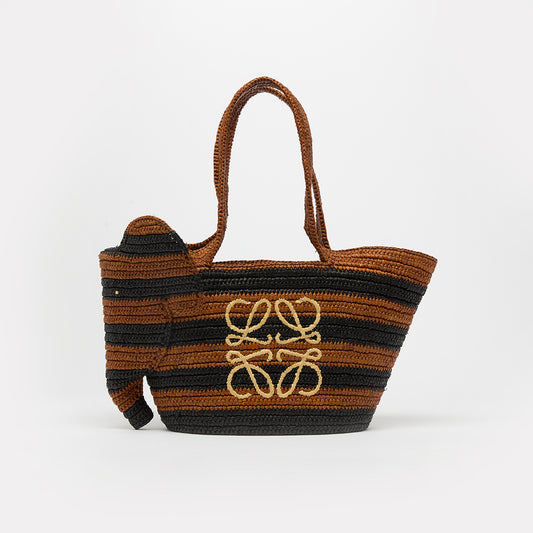 Small Elephant Basket Bag in Black and Honey Gold Raffia