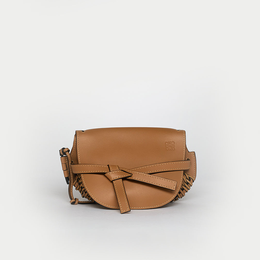 Small Woven Gate Crossbody Bag in Beige Leather