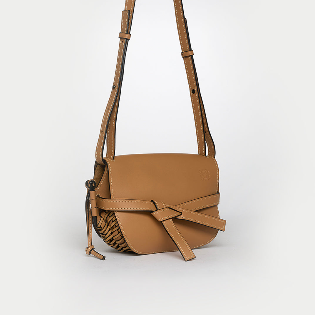 Woven Gate Small Crossbody Bag in Beige Leather