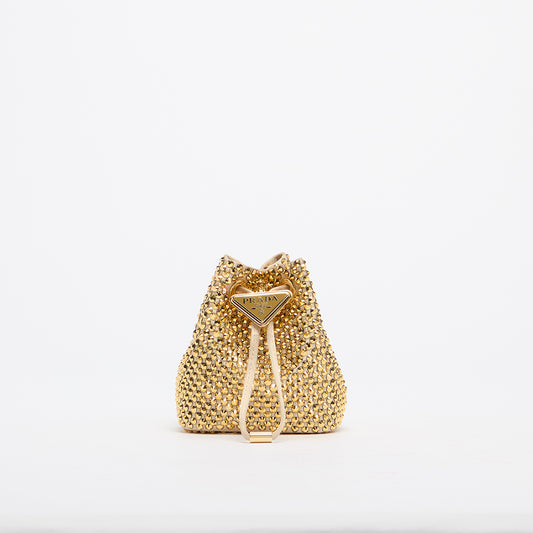Crystal Embellished Woven Bucket Bag in Gold