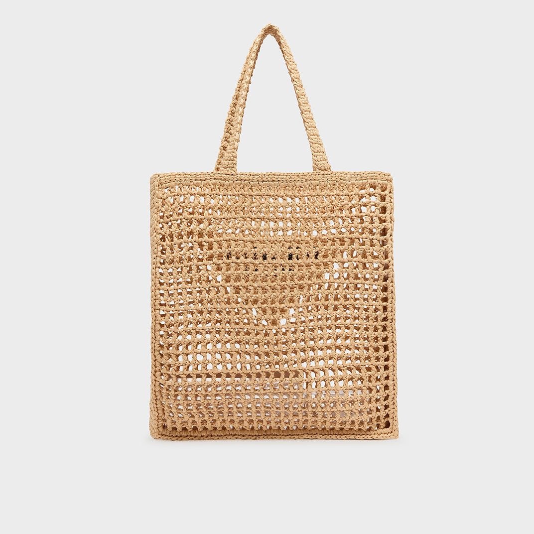 Logo Embroidered Crochet Tote Bag in Natural