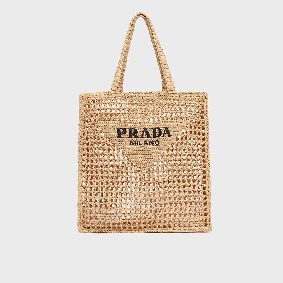 Logo Embroidered Crochet Tote Bag in Natural