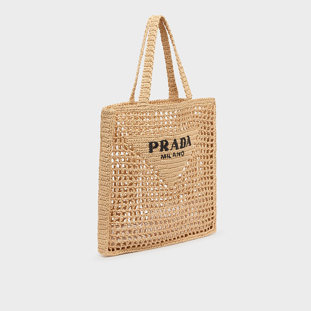 Logo Embroidered Crochet Tote Bag in Natural