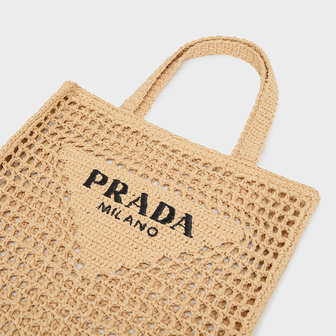 Logo Embroidered Crochet Tote Bag in Natural