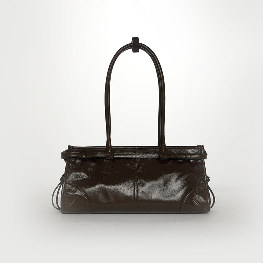 Belted Medium Leather Shoulder Bag in Dark Brown