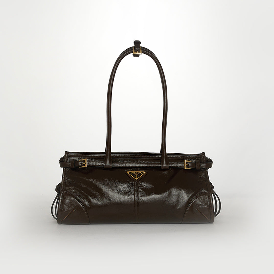 Belted Medium Leather Shoulder Bag in Dark Brown