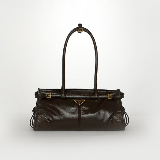 Belted Medium Leather Shoulder Bag in Dark Brown