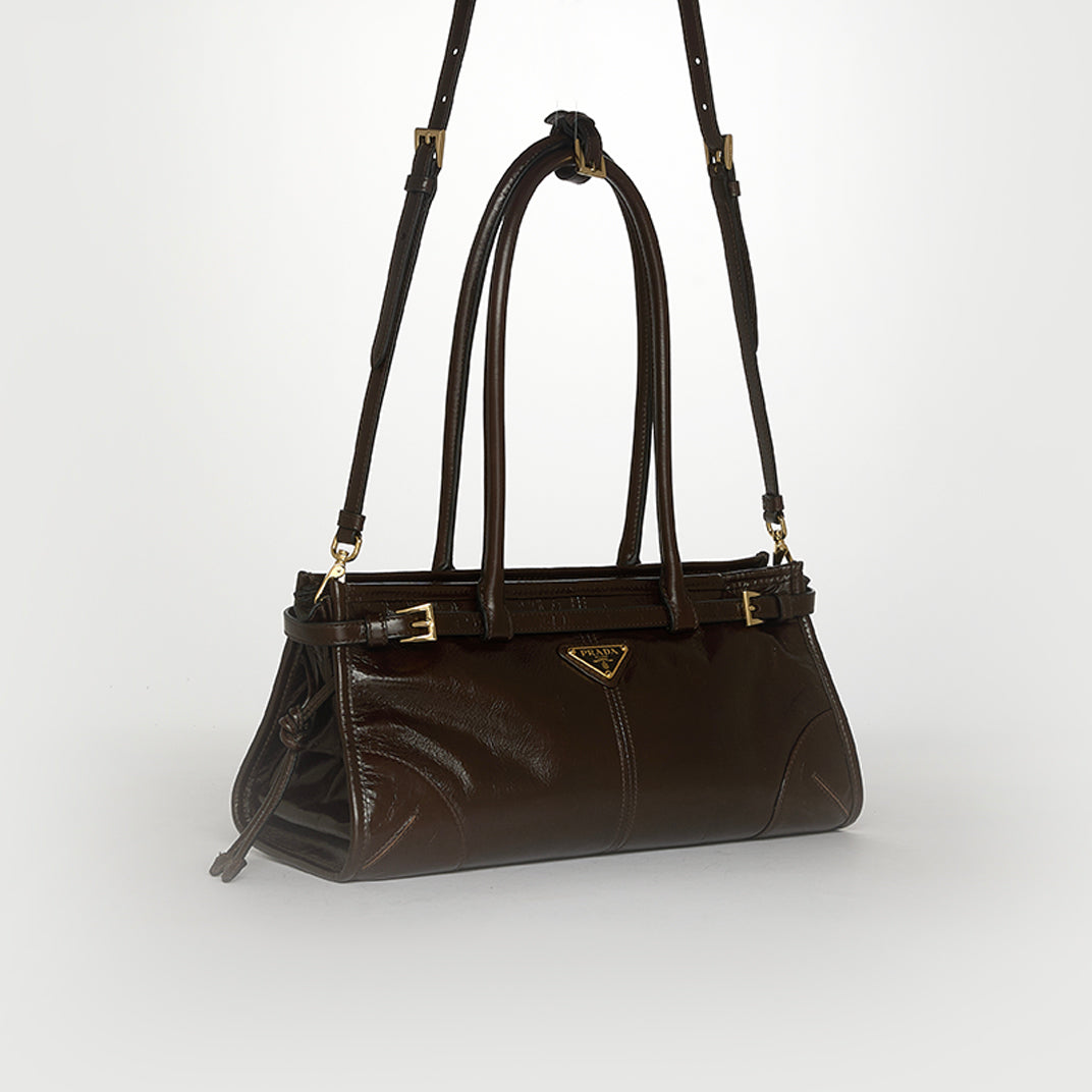 Belted Medium Leather Shoulder Bag in Dark Brown