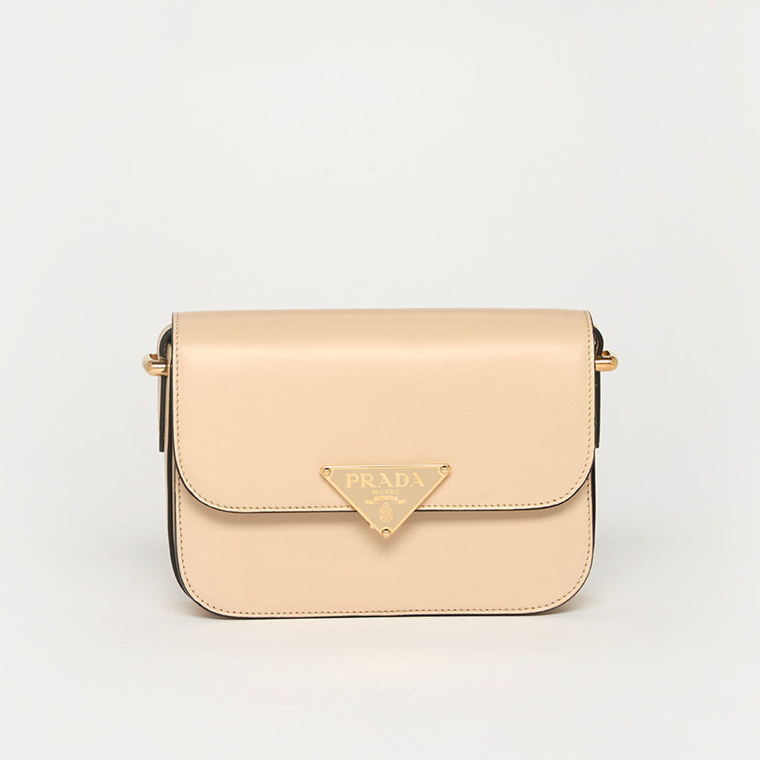 Small Logo Plaque Shoulder Bag in Beige Leather