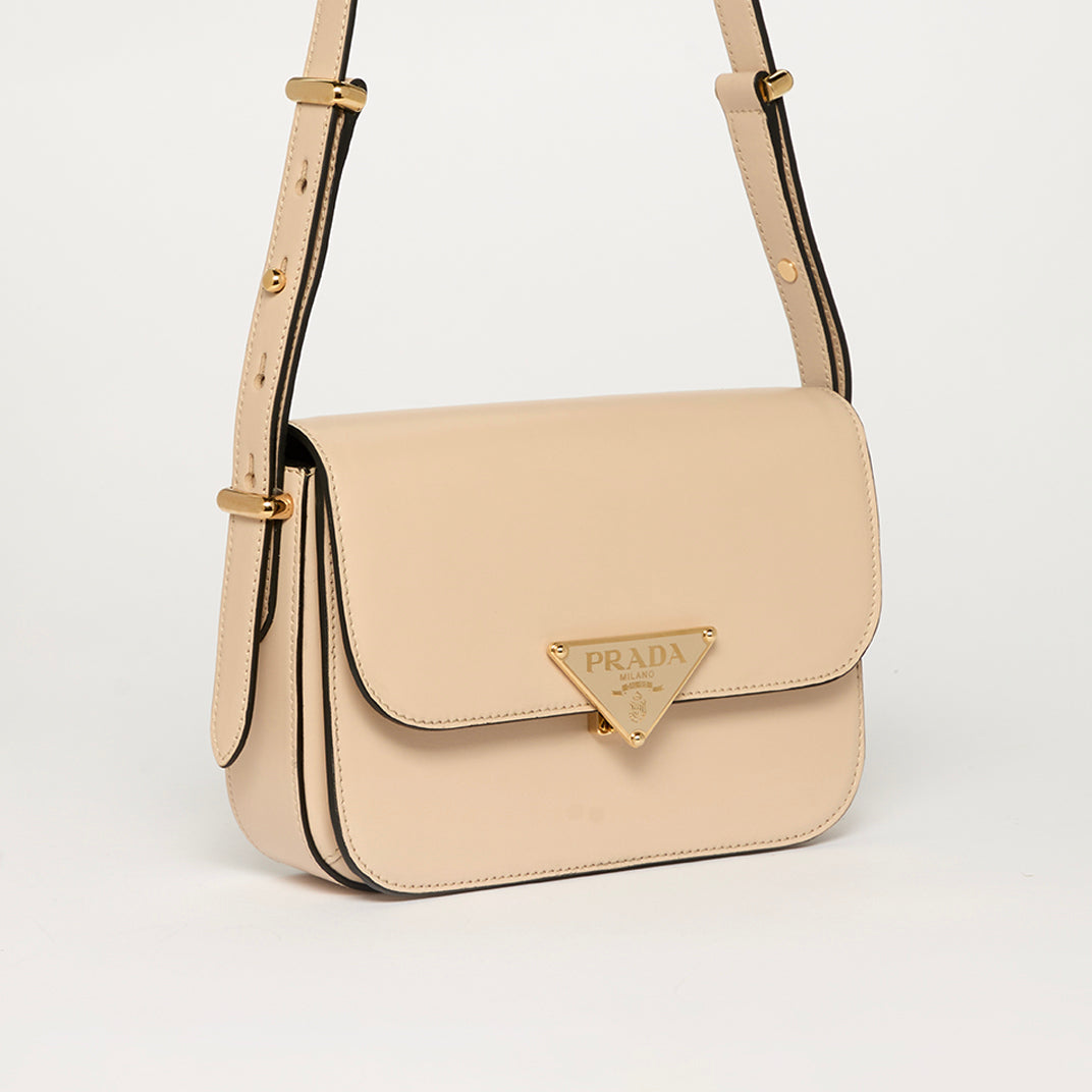 Small Logo Plaque Shoulder Bag in Beige Leather