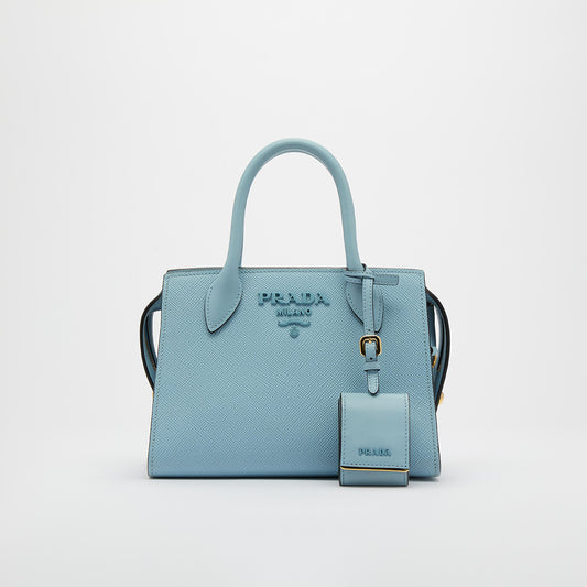 Small Monochrome Tote in Light Blue Saffiano Leather