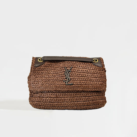 Niki Medium Leather-Trimmed Raffia Shoulder Bag in Brown [ReSale]