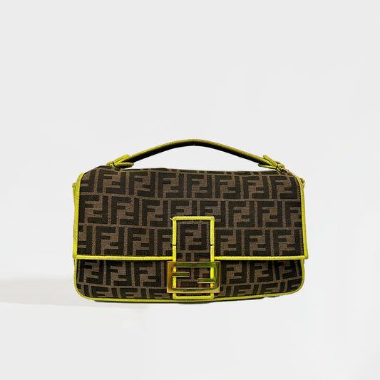 FENDI Large Baguette Bag in Brown Canvas with Yellow Trim [ReSale]