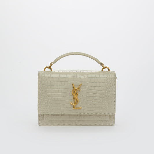 Small Sunset Bag in Cream Croc-Embossed Leather with Gold Hardware