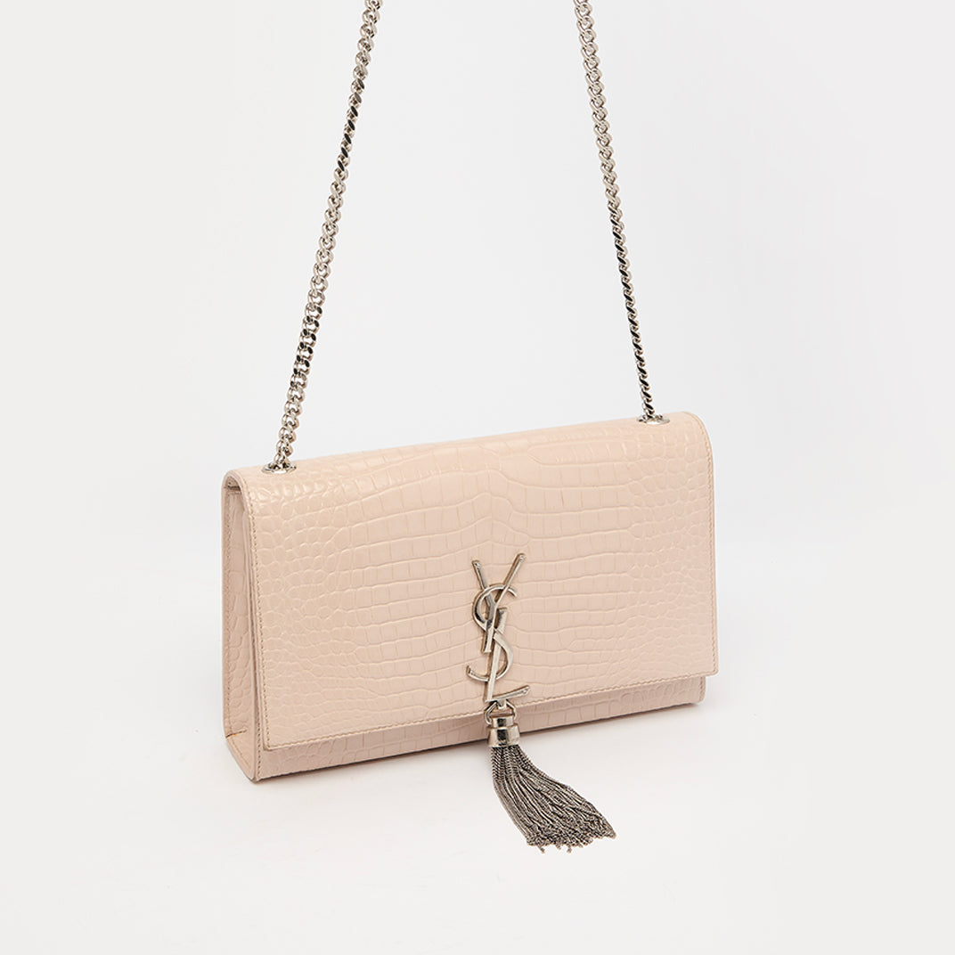 Kate Tassel Croc-Effect Leather Shoulder Bag in Pale Pink