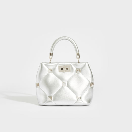 Garavani Roman Stud Small Quilted Leather Tote in Silver